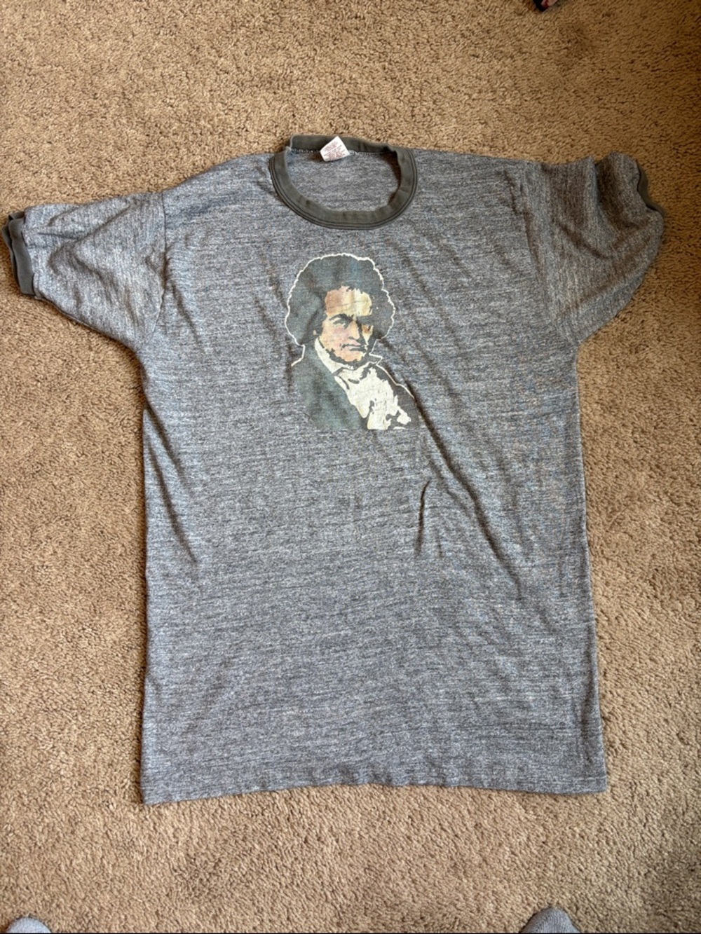 Vintage Gray Graphic Ringer T-Shirt with Classical Portrait of Beethoven